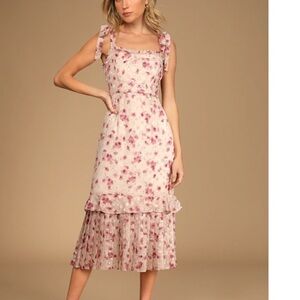 Lulus // pink terrace views floral tie top midi dress size extra large feb1